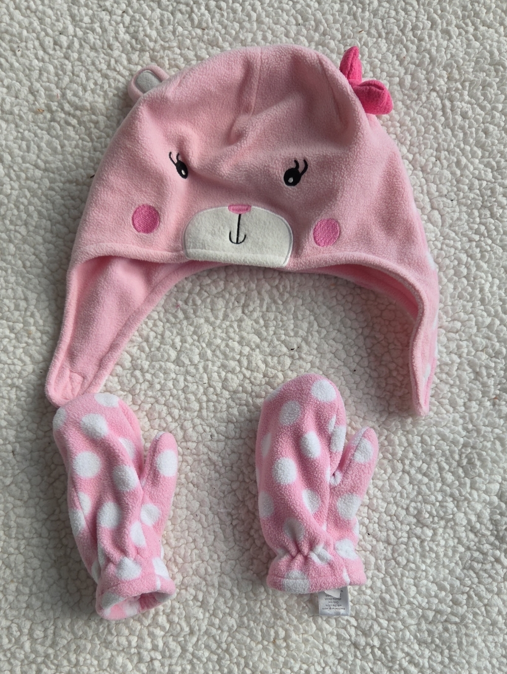 Pink Kids Fleece Cat Animal Hat and Mittens Set Size 2-4 Baby
